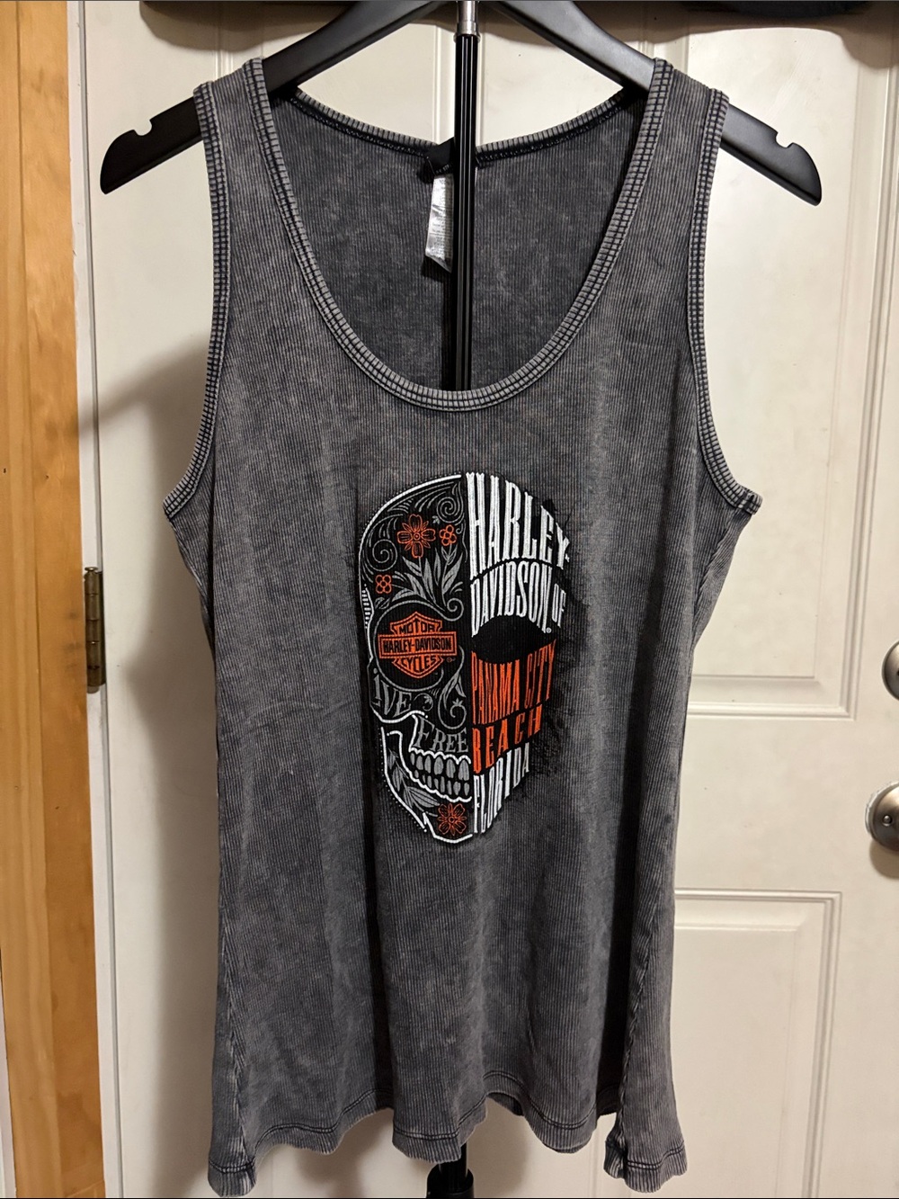 Harley Davidson Acid Wash Ribbed Double Graphic Tank Skull Roses Panama City
